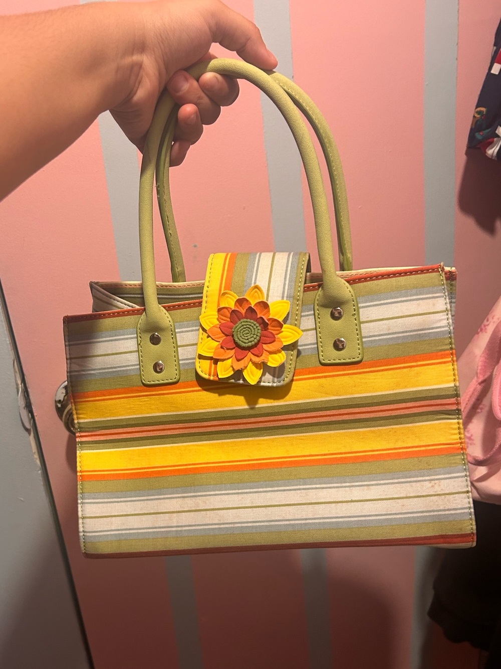 Striped Yellow Multi-Color Floral Accent Tote Bag